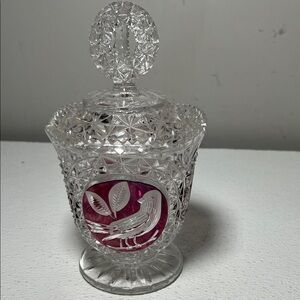 Hofbauer Byrdes German Full Lead Crystal Ruby Red Bird Covered Lidded Jar